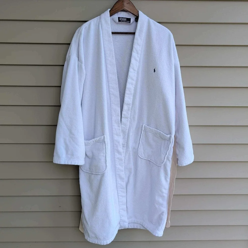 Polo Ralph Lauren Bathrobe Mens One Size White Terry Cloth Cotton Logo Robe